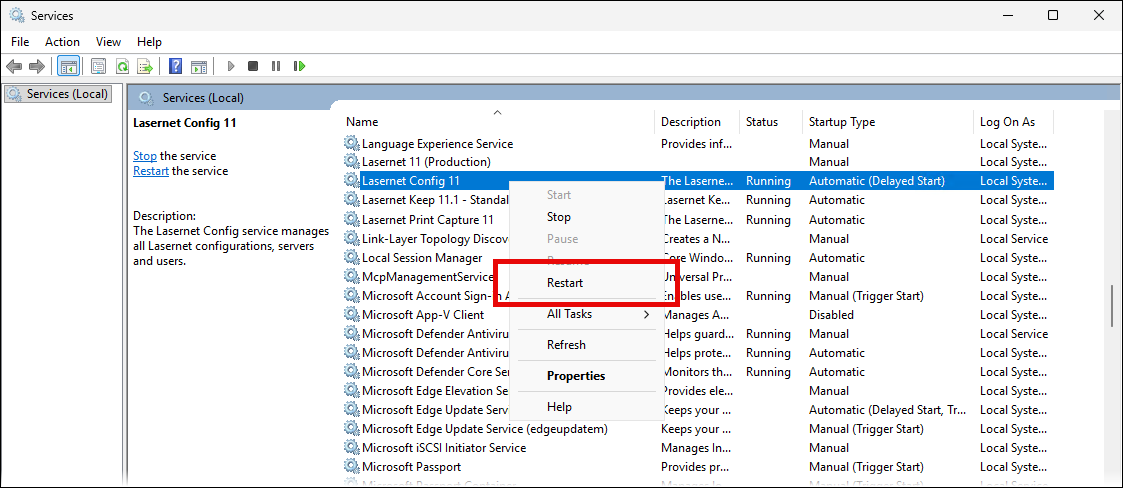 A red rectangle indicates the Restart menu item for the Lasernet Config 11 Windows service.